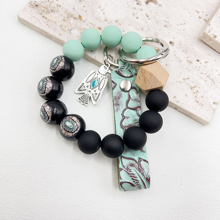 Wholesale Western Wood Beads Handmade Beaded Genuine Leather Embossed Wrist Keychain